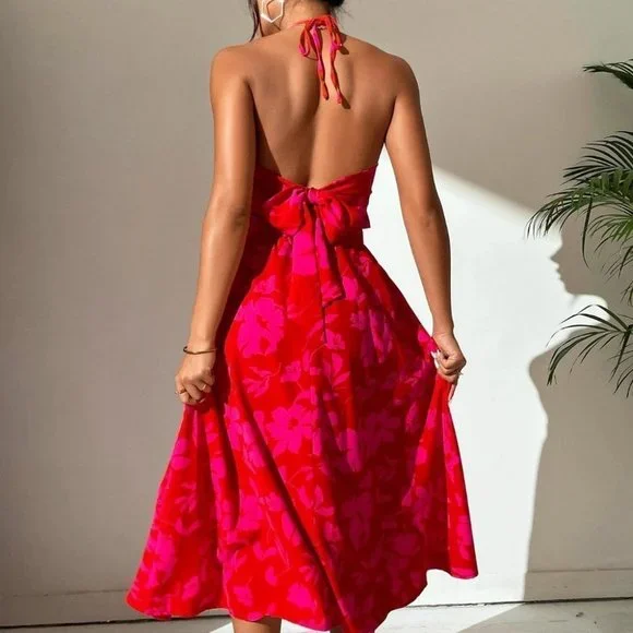 Allover Floral Print Twist Front Halter Dress - Picture 2 of 5